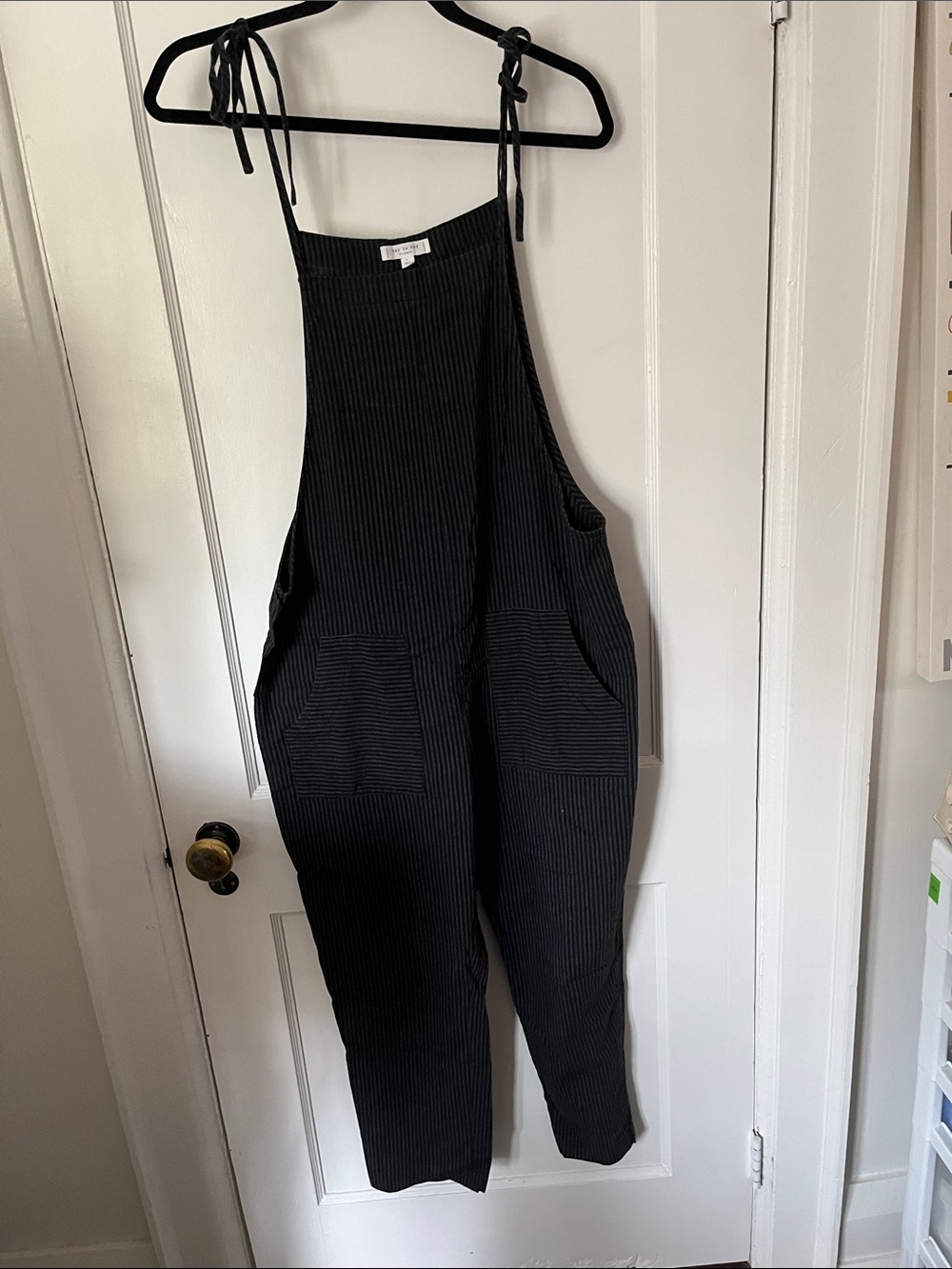 Blu Pepper Black Pinstripe Tie-Shoulder Jumpsuit